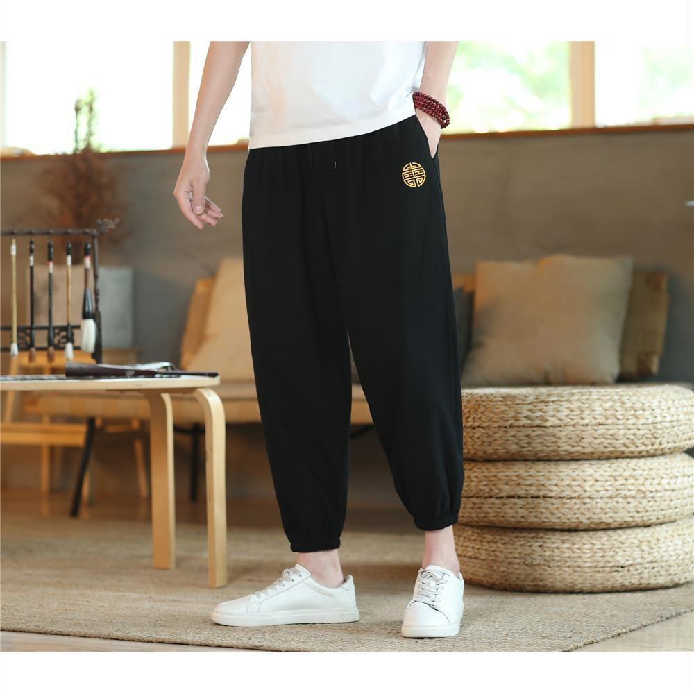 Pantalones cortos de estilo chino para hombres, pantalones casuales de lino para hombres, pantalones sueltos de algodón y lino, pantalones delgados de verano, primavera y otoño para hombres
