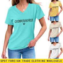 欧美亚马逊夏季ebay女士新款V领cosmetologist短袖简约百搭T恤衫
