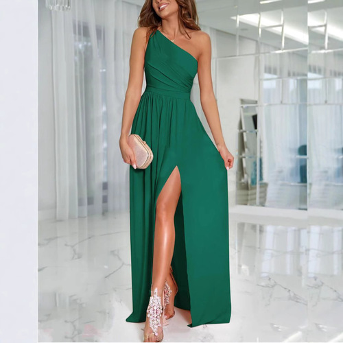 Independent station AliExpress Amazon new style sloping shoulder dress, temperament sleeveless sexy slit long dress for women