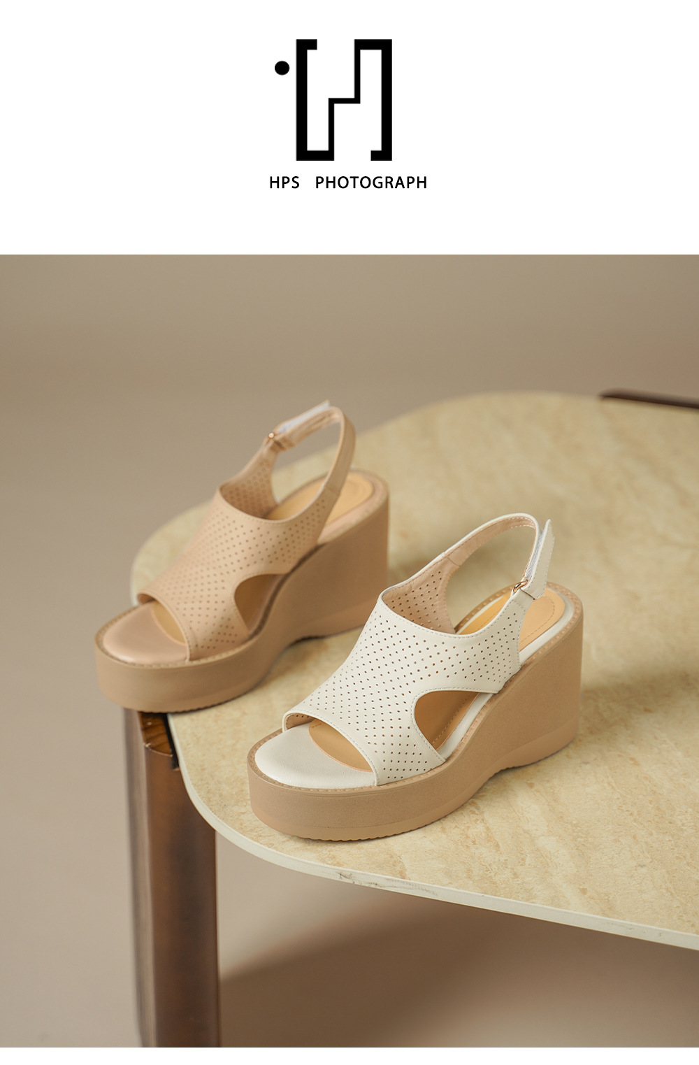 Sandal cao gót nữ hở mũi đế xuồng da cừu đục lỗ — màu trắng ngà chi tiết 12