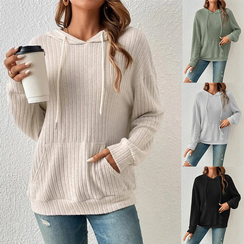 2025 Autumn New Cross-border European and American Women's Apparel Amazon Knit Sweater TEMU Hooded Pit Strip Kangaroo Pocket Sweatshirt