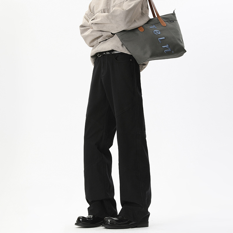 Jean homme style américain, pantalon de travail micro-évasé patchwork tendance automne, coloris uni vintage polyvalent_voghion.com
