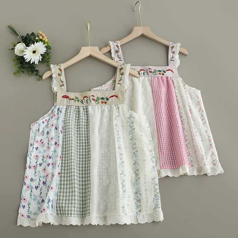 Summer New Mori Style Small Fresh and Exquisite Embroidered Floral Patchwork Wide Shoulder Strap Camisole Candy Color Top Trendy