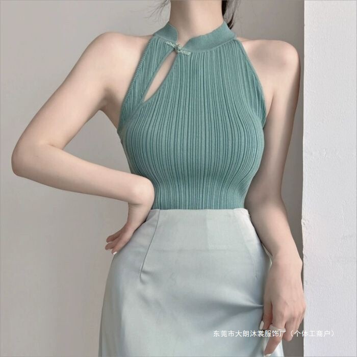Cheongsam Collar Buckle Halterneck Knitted Camisole Women's Summer New Chinese Style Hollow Sexy Top Cheongsam Collar Buckle Halterneck Knitted Camisole Women's Summer New Chinese Style Hollow Sexy Top