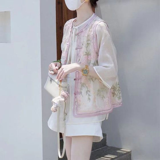 New Chinese Style National Style Women's Clothing 2024 Spring and Summer New Tang Dress Chinese Style Buckle Top Pink Vest