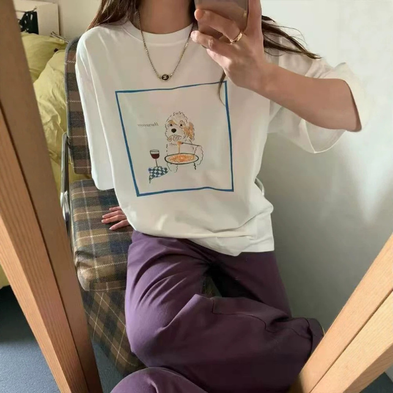 Korean-Style Square-Frame Puppy Print Short-Sleeve Summer New Loose Casual Versatile Round-Neck T-Shirt Women's Clothing Direct from the Factory Korean-Style Square-Frame Puppy Print Short-Sleeve Summer New Loose Casual Versatile Round-Neck T-Shirt Women's Clothing Direct from the Factory