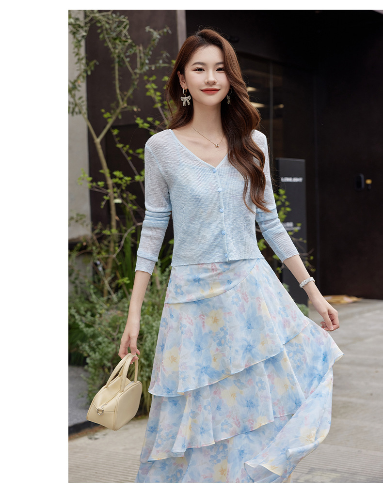 Bộ váy liền áo khoác len dệt kim ôm sát phối dây mảnh thanh lịch — xanh lam, màu tím, Màu hồng, màu vàng chi tiết 37