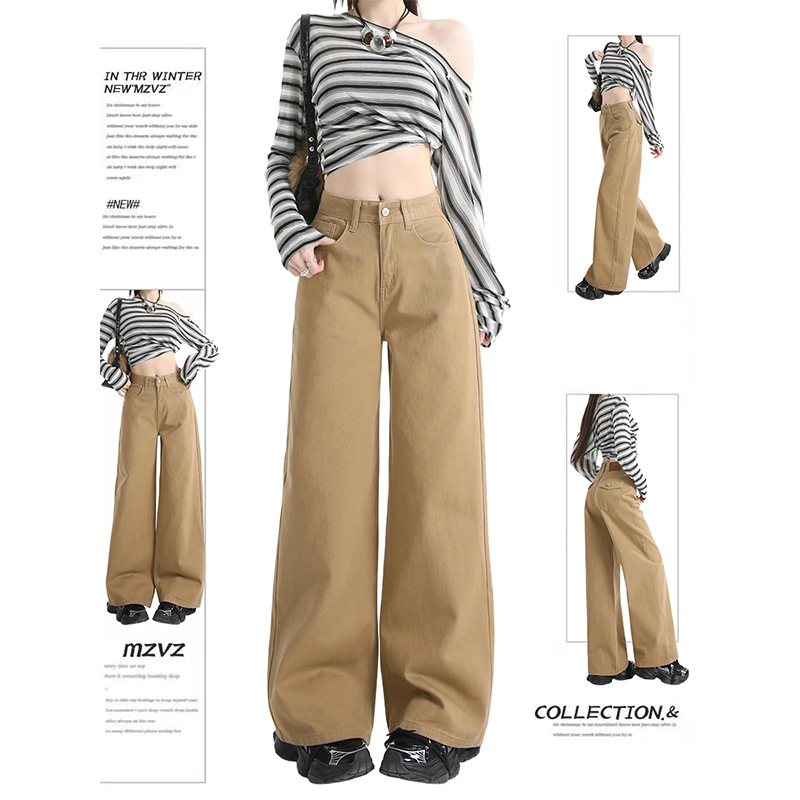 1129 # Khaki Drapey Wide-Leg Jeans for Women, New Style, Loose Fit, Slimming Straight-Leg Floor-Length Pants 1129 # Khaki Drapey Wide-Leg Jeans for Women, New Style, Loose Fit, Slimming Straight-Leg Floor-Length Pants