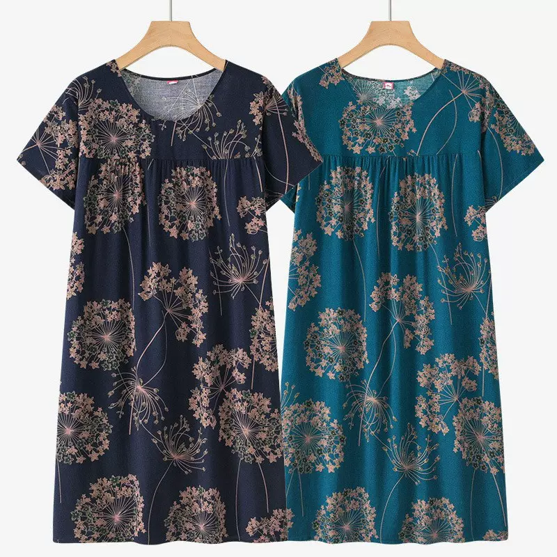 中老年人棉绸短袖睡裙女新款睡衣夏薄款妈妈宽松家居服连衣裙夏季