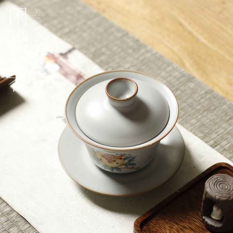 Luna blanca Ru horno filtro vintage cerámica Kung Fu juego de té con té japonés taza de té tazón de tres piezas cubierta tazón