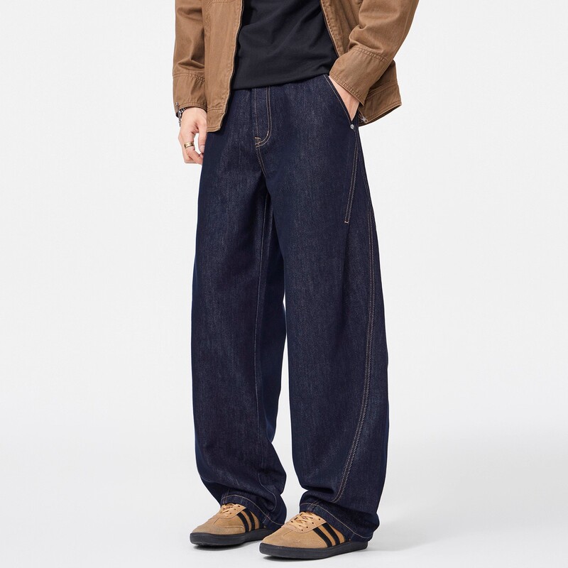 Vintage Straight-Leg Jeans for Men in Natural Colors, New Loose Casual Wide-Leg Pants for Autumn and Winter, American-Style Curved Hem Pants for Men