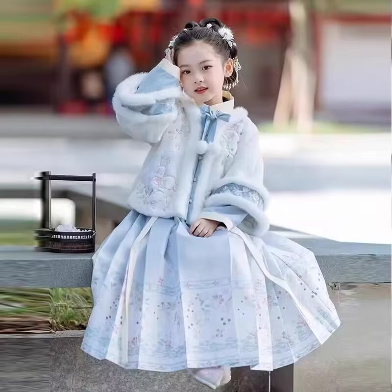 소녀 한푸 겨울 기모 새해 복 중국 스타일 어린이 고대 당나라 세트 말 치마 가을과 겨울 새로운 도착