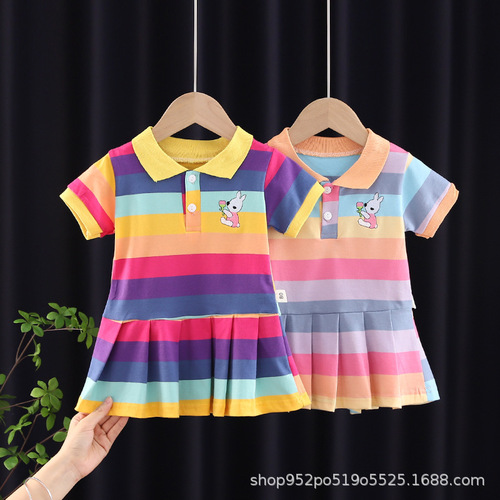 Girls' Summer Dress for 1-2-3 Years Old, 4 Girls' Fashion Summer Outfit for Infants and Toddlers, Collared Striped Short-Sleeve Pleated Skirt