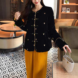 冬季真丝丝绒棉服圆领旗袍扣金线三角形刺绣设计复古新中式外套女