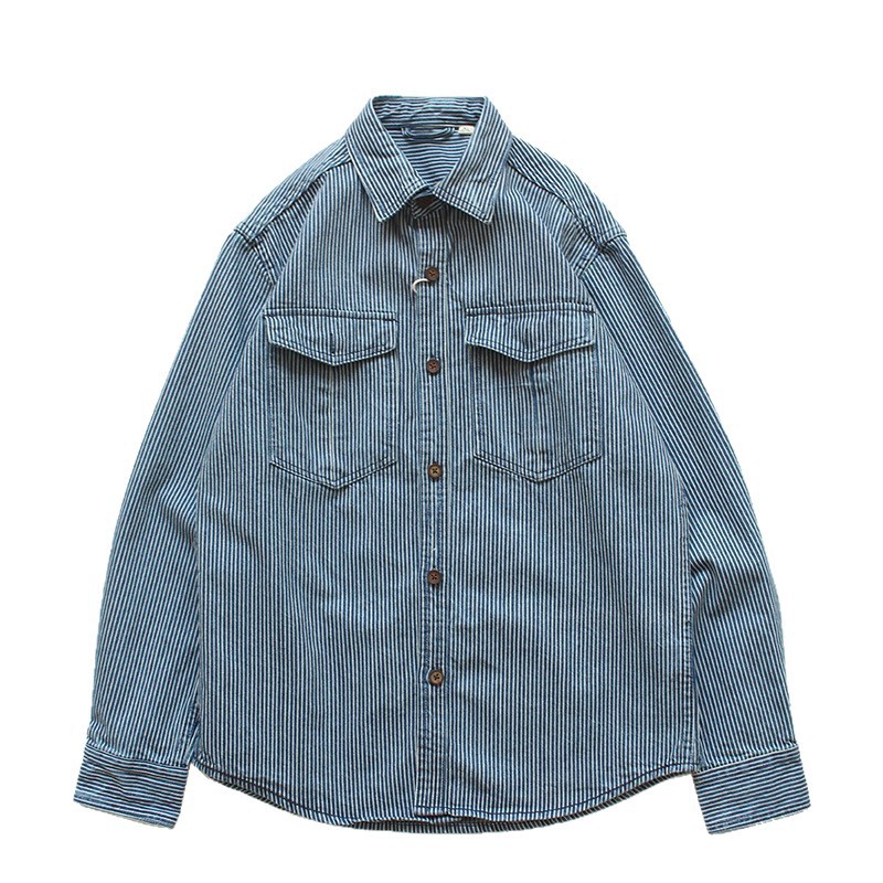 Vintage-Jeanshemd für Herren – Schweres, gestreiftes Langarm-Freizeithemd mit zwei Taschen, lockerer Passform, Polyester-Mischgewebe_voghion.com