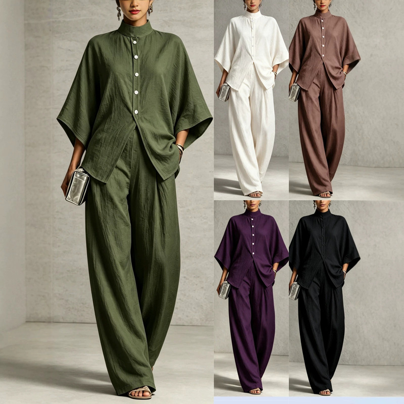 Wish independent brand, cross-border women's clothing: stand-up collar, batwing sleeves, high-waisted, wide-leg suit, solid color, casual style, loose-fitting two-piece set Wish independent brand, cross-border women's clothing: stand-up collar, batwing sleeves, high-waisted, wide-leg suit, solid color, casual style, loose-fitting two-piece set