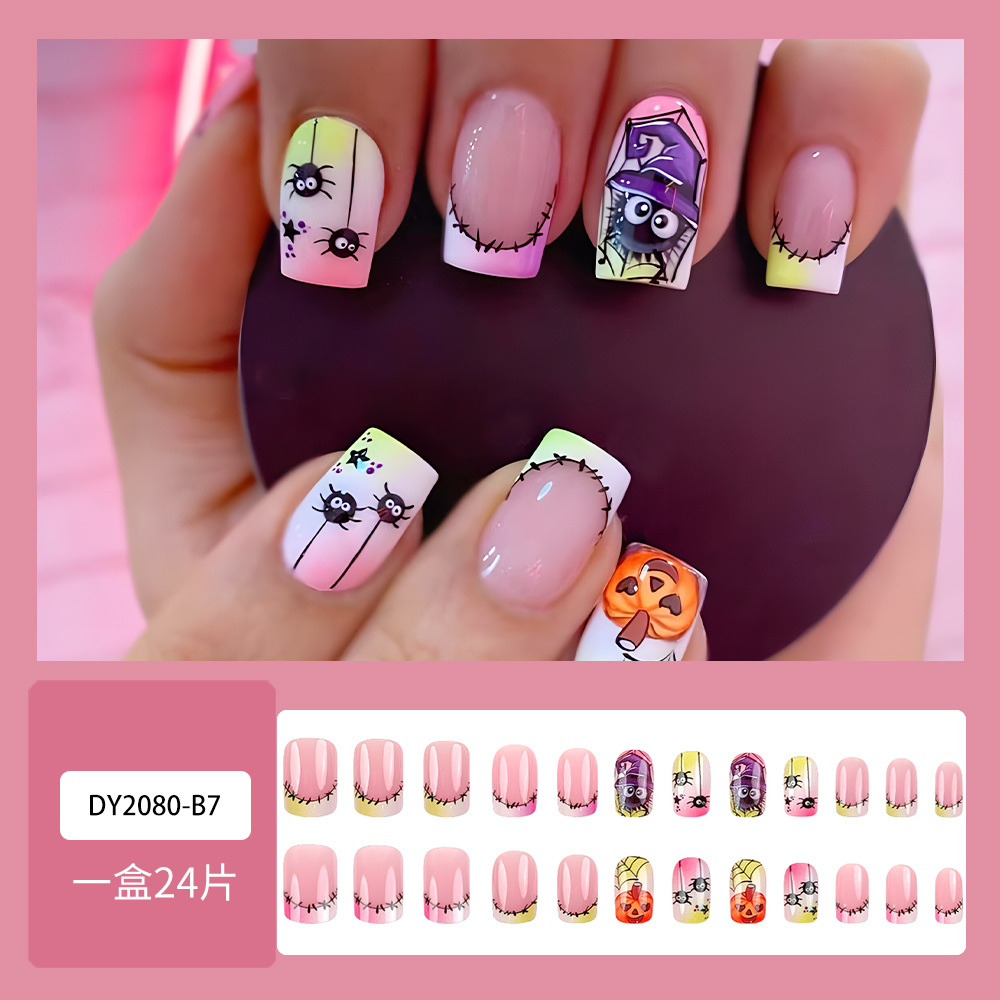 24 piezas de uñas postizas de venta caliente de Halloween, uñas de uñas de araña de calabaza, uñas de uñas de uñas difuminado rosa y verde, armadura de desgaste transfronteriza degradada image 2