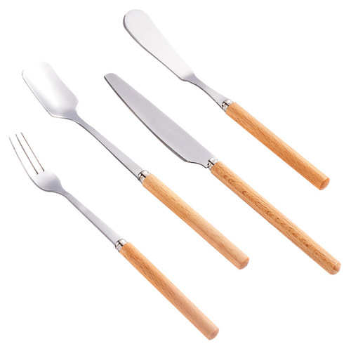 Wooden thin handle dessert fork and spoon 410 stainless steel tableware three-piece steak western food tableware knife, fork and spoon set