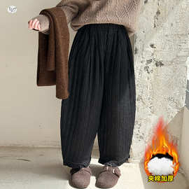 女童2025冬季新款加绒加厚绗线萝卜牛仔棉裤女大童百搭竖纹弯刀裤