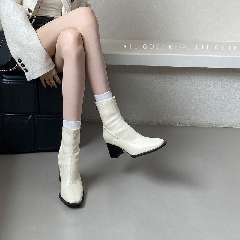 Ali guifei  高跟杏色瘦瘦靴短靴女鞋2025秋季单靴方头马丁靴法式|undefined