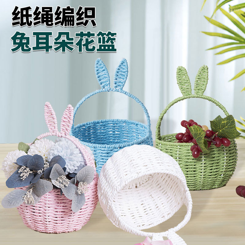 Cesta de flores de orejas de conejo tejida de cuerda de papel florista florista canasta de flores acompañante de regalo de mano para el hogar picnic frutas canasta de almacenamiento portátil