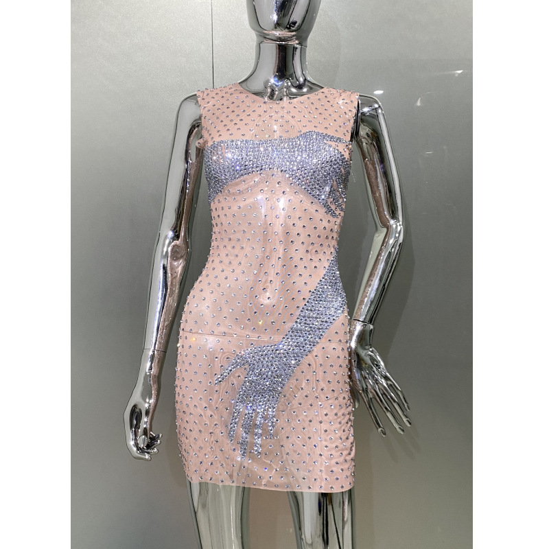 Foreign trade independent station shiny rhinestone personality pattern elastic mesh dress hot party stage performance dress