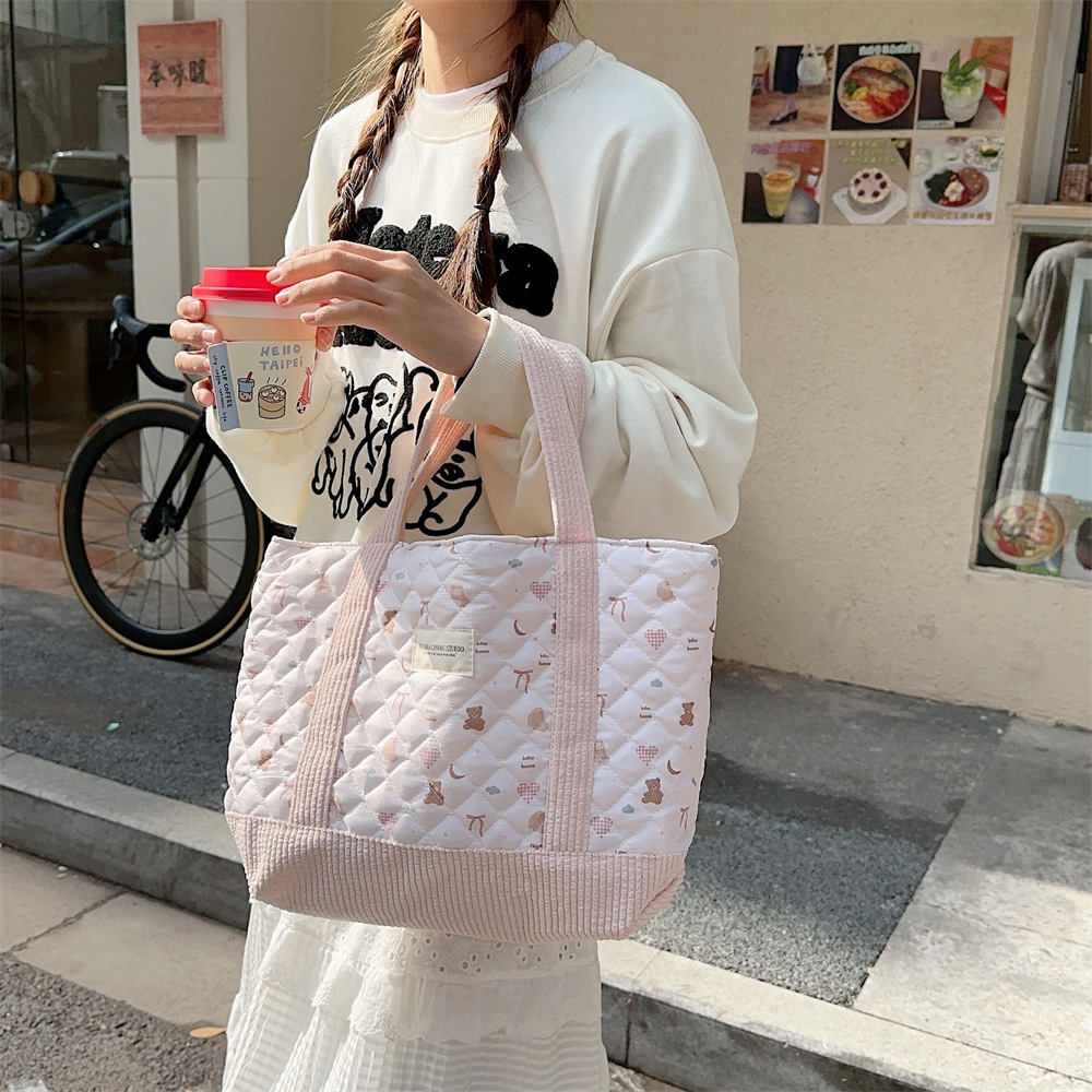 310263 Cute Handbag for Women 2023 Mommy Bag, Bento Bag, Large Capacity quilted cotton-padded hand-held Commuter bag undefined
