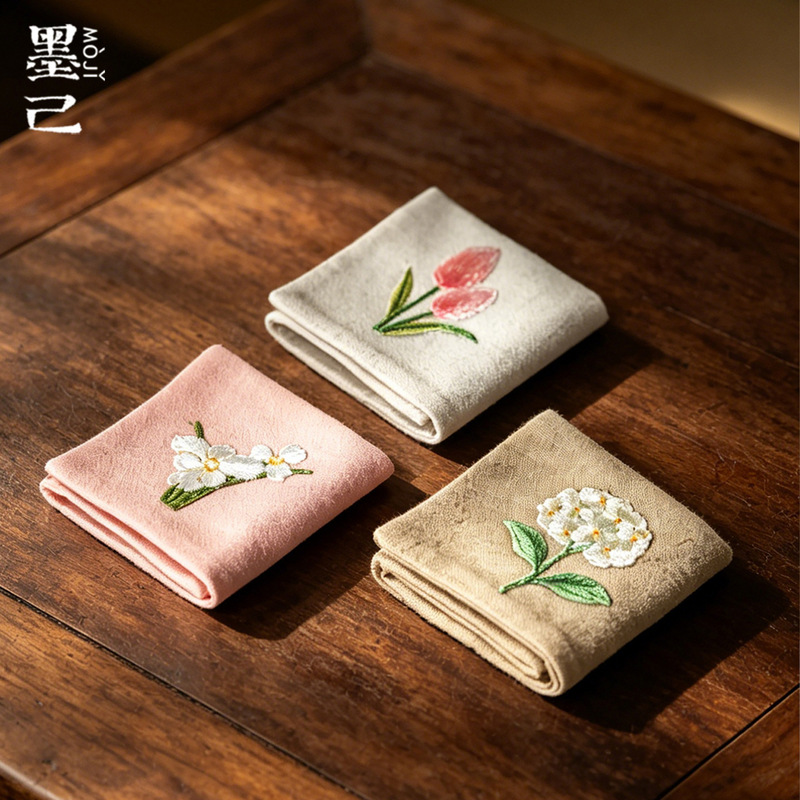 Embroidered Floral Tea Towel, Absorbent and Thickened Cotton-Linen Tea Accessories, Household Tea Table Cloth, Zen-Style Tea Mat Embroidered Floral Tea Towel, Absorbent and Thickened Cotton-Linen Tea Accessories, Household Tea Table Cloth, Zen-Style Tea Mat