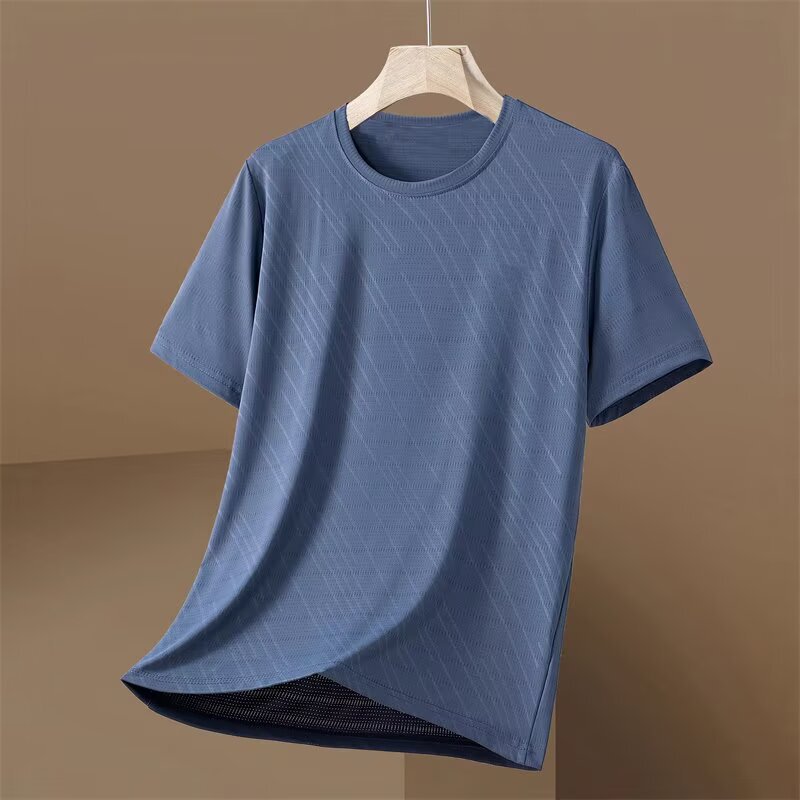 Cross-border wholesale men's summer ice silk short-sleeved simple fashion crew neck quick-drying morning run fitness T-shirt trendy