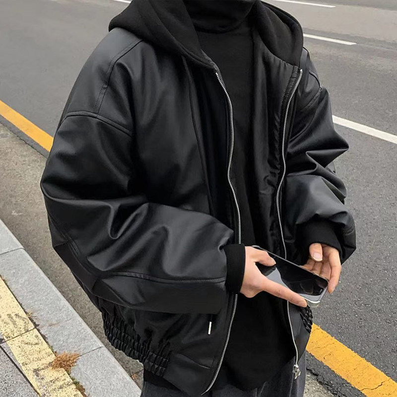 Fake Two-Piece Leather Jacket Men's Hooded Autum American High Street Retro Motorcycle Jacket Spring and Autum Clean Fit Jacket Fake Two-Piece Leather Jacket Men's Hooded Autum American High Street Retro Motorcycle Jacket Spring and Autum Clean Fit Jacket