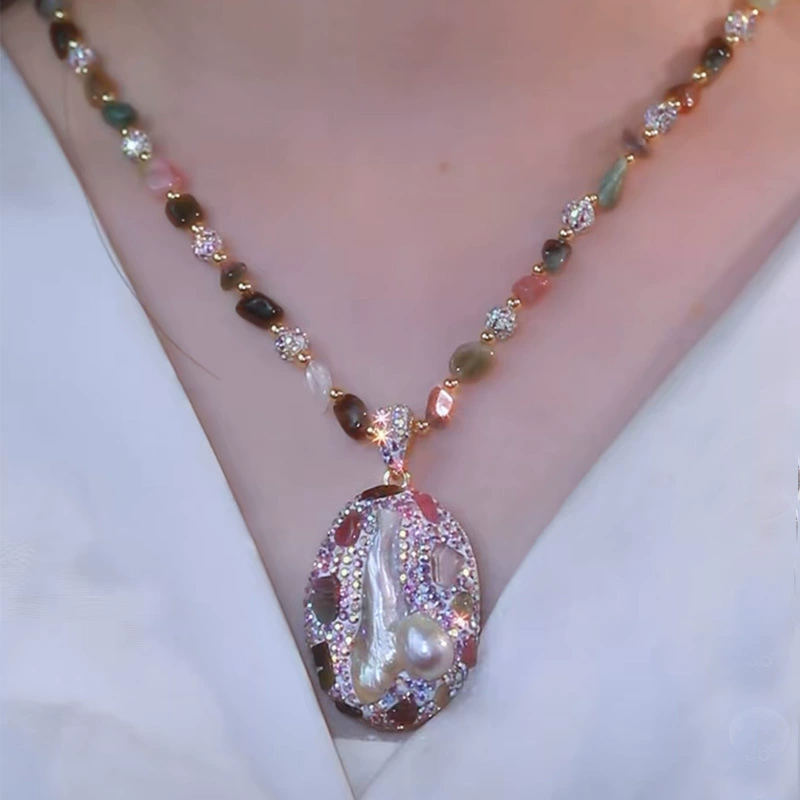 Большой барочный жемчужный цветной кулон турмалин радужное ожерелье просто с цепочкой свитера в европейском и американском стиле нишевые дизайн оптом