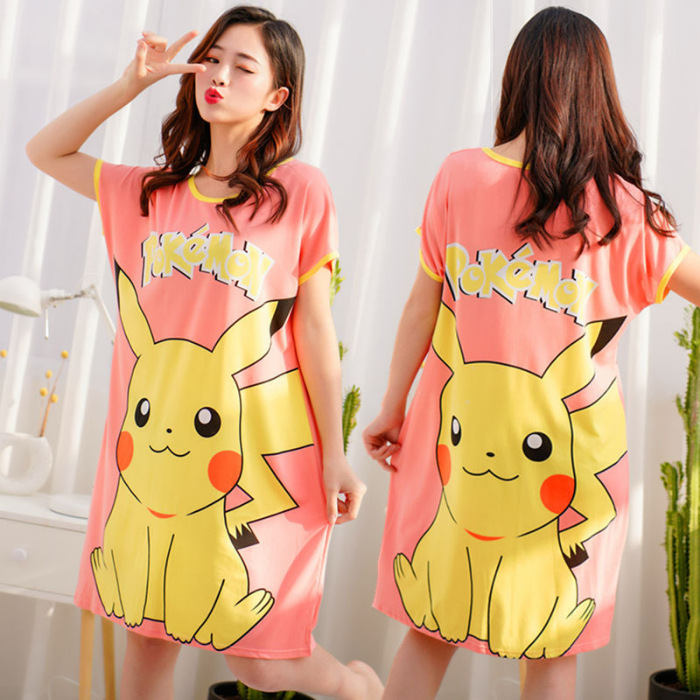 Camisón de las mujeres del verano Delgado manga corta nueva línea rojo estilo pijamas dibujos animados lindo señoras vestido flojo desgaste hogar