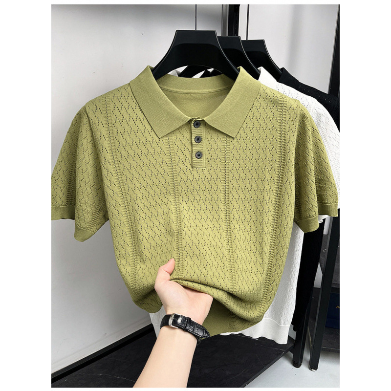 Men's Summer Cool Hollow Out Design Polo Shirt Luxury Style Elegant Retro Short Sleeve T-Shirt For Casual Wear_viptrois.com