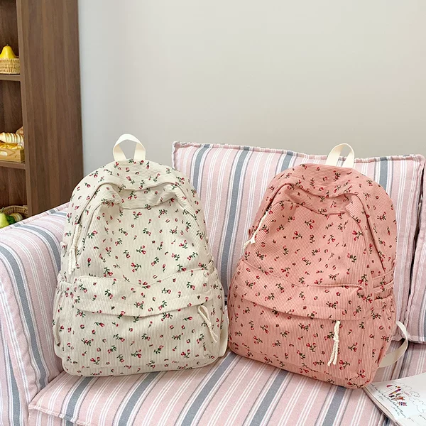 Large-capacity floral print versatile backpack, multifunctional corduroy casual lightweight backpack for middle and high school students