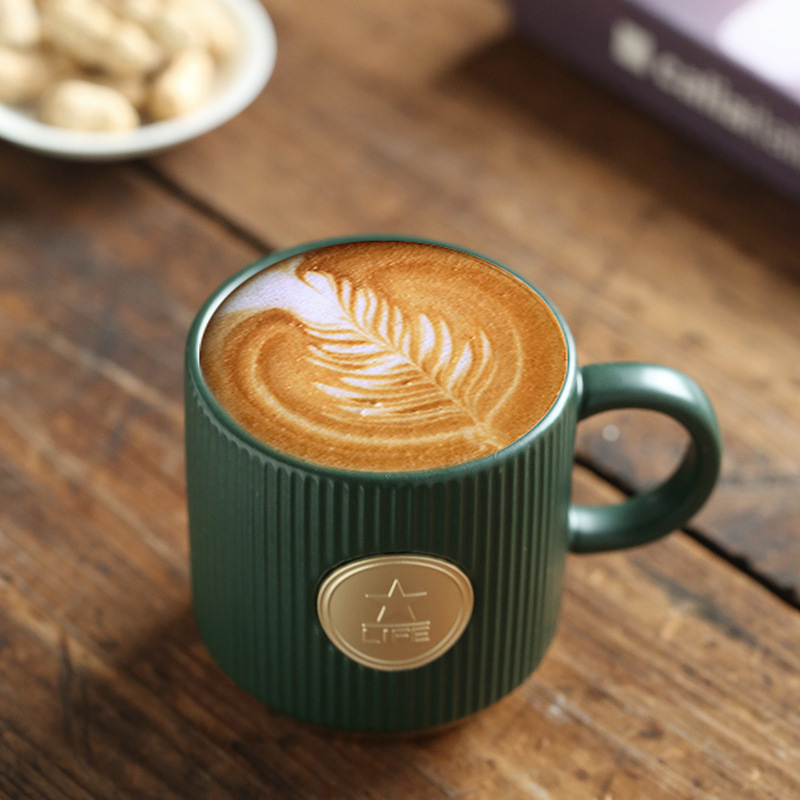 星巴风铜章条纹马克杯子 铜牌咖啡杯创意陶瓷杯商务礼品杯刻logo