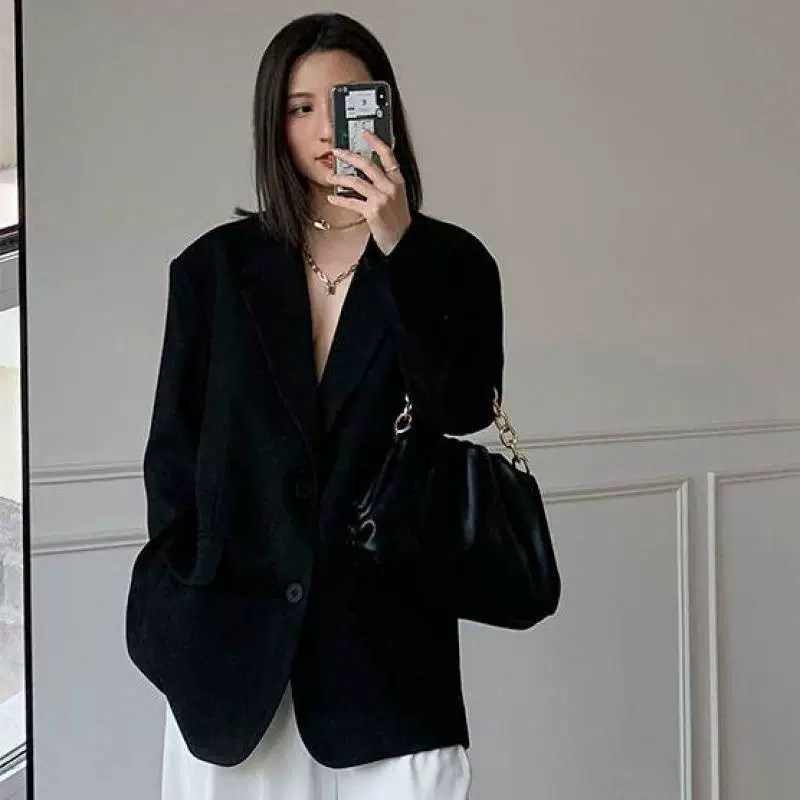 Пиджак-блейзер, классический чёрный демисезонный, plus size, корейский и британский стиль, свободный крой