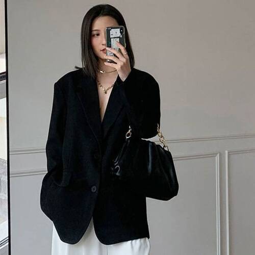 Women's Black Trousersuit Jacket Korean Version British Style Suit Top Spring and Autumn Plus Size Professional Wear