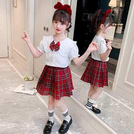 女童夏季新款学院风jk套装裙儿童女孩洋气公主衬衫格子裙两件套