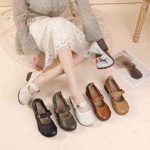 The first layer of cowhide retro shallow mouth shoes women's Mary Jane new shoes polished color pleated soft sole shoes