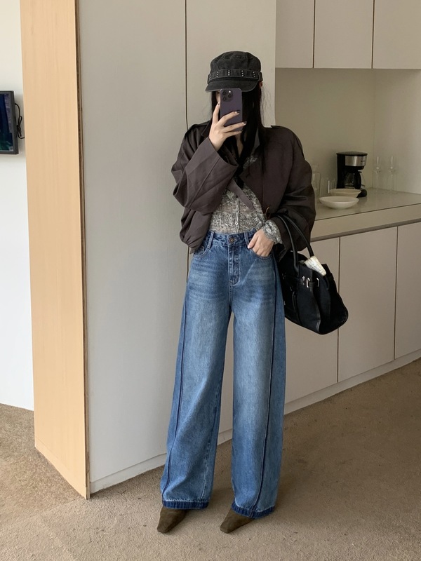 秋上新 美式立体分割撞色弯刀裤高腰显瘦宽松牛仔裤女款直筒长裤|undefined