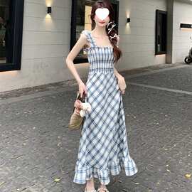 格子连衣裙印花吊带裙沙滩裙超仙海边美式辣妹连衣裙高个子长裙子
