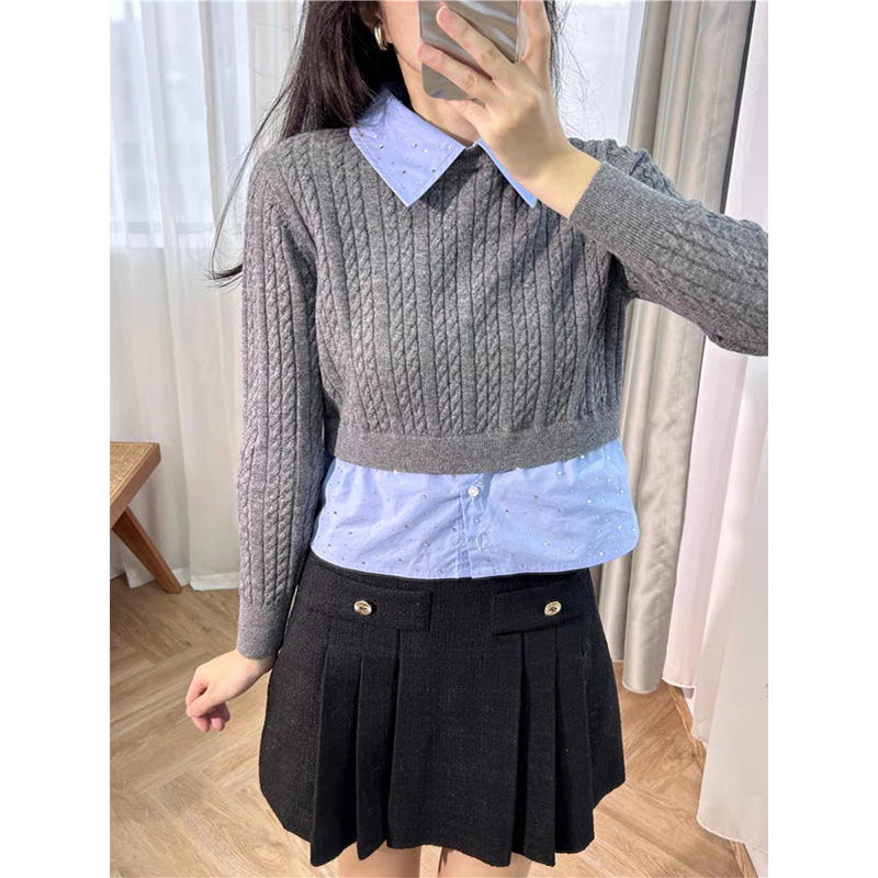 Gray fake two-piece detachable shirt collar short thread fashion age-reducing knitted sweater 2023 autumn and winter New