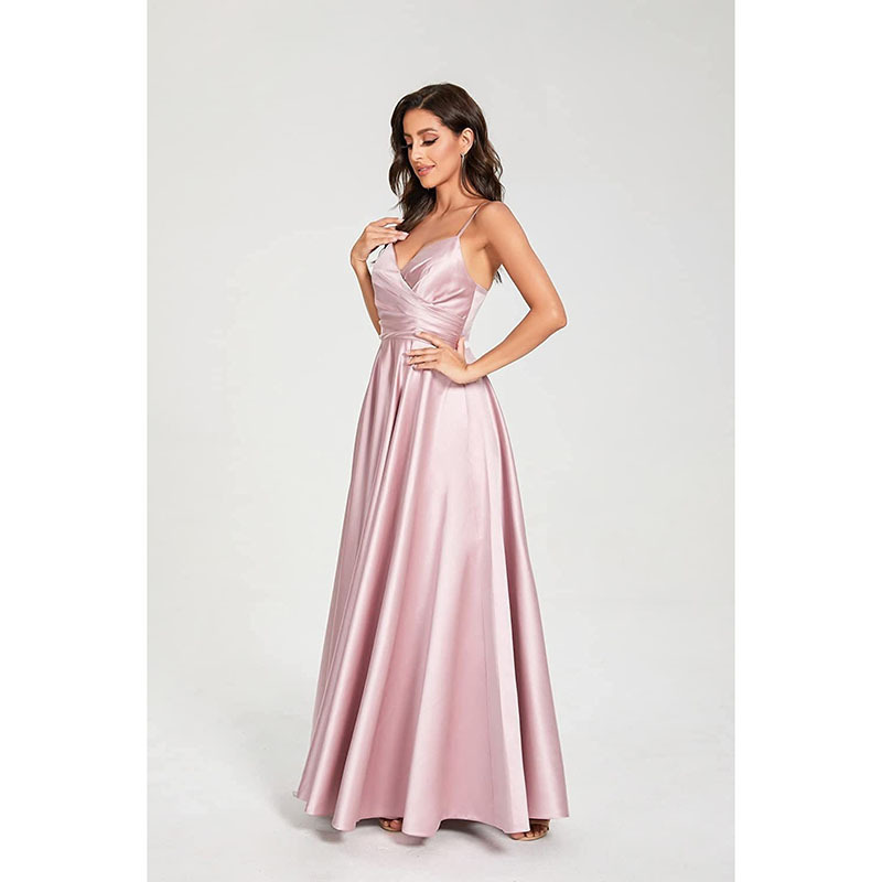 Prom Gown 2025 Summer New Long Prom Gown Thin Shoulder Strap V-Neck Pleated Skinny Satin Gown