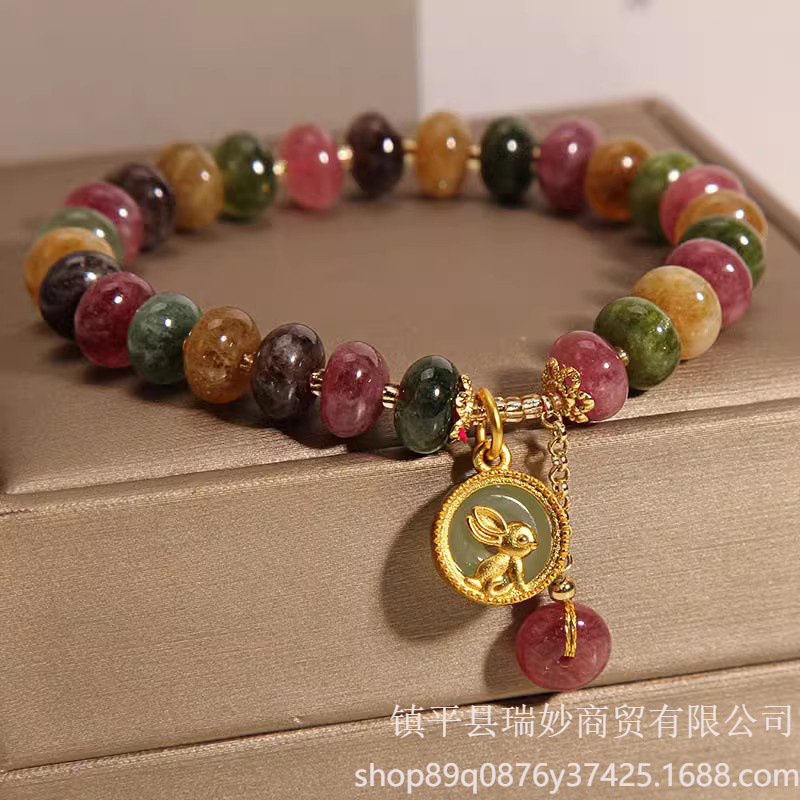 Nicho de jade natural color pulsera de turmalín mujer ligera lujo retro colgante de conejo delicada pulsera red