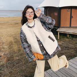 设计感羊羔毛马甲格纹毛呢外套女秋冬季韩系超好看呢子上衣两件套