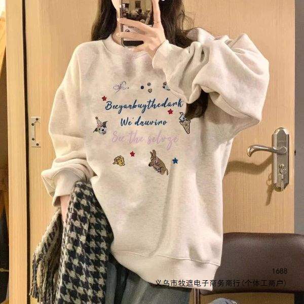 美式hiphop高街卡通字母印花圆领卫衣女春秋杏色宽松ins灰色上衣