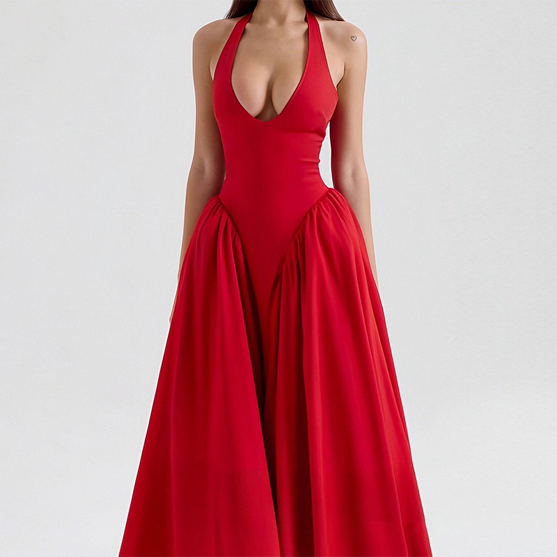 Transfronterizo 2025 primavera nuevo estilo Amazon ropa de mujer europea y americana temperamento sexy cuello halter color sólido delgado vestido sin espalda