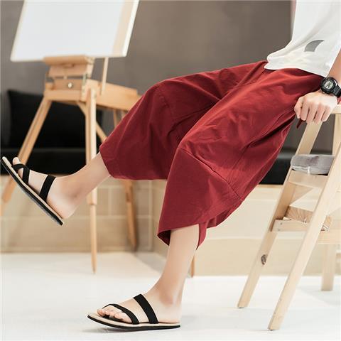 Pantalones casuales delgados originales, pantalones cortos para hombres, bombachos, pantalones anchos sueltos de algodón y lino, pantalones harem de gran tamaño, pantalones de lino