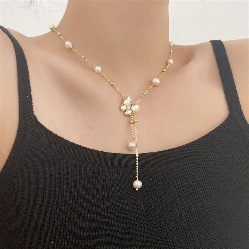 쉘 나비 담수 진주 목걸이 빛 럭셔리 틈새 술 Fritillaria 패션 모든 일치 쇄골 체인 달콤한 액세서리
