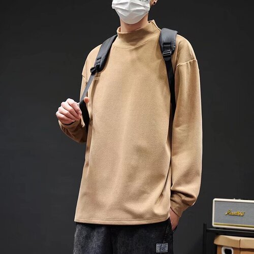 Cotton-padded merino half-neck long-sleeved T-shirt for men, autumn and winter style, warm inner layer, base shirt, round neck, loose sweatshirt for boys